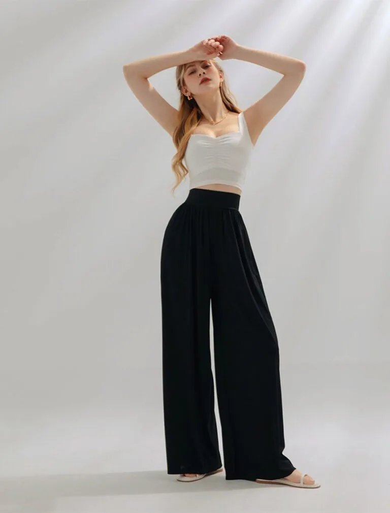 Airy Cool High Waisted Wide Pants Culottes black front 1