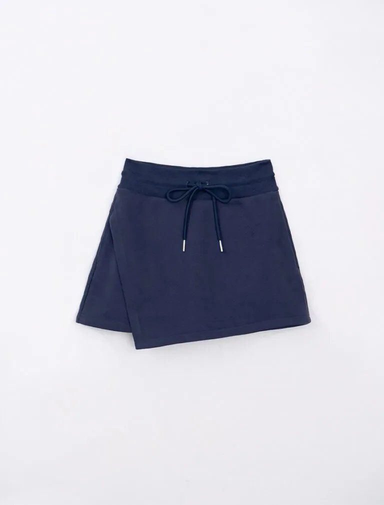 Asymmetrical Drawstring Cotton Skort blue front