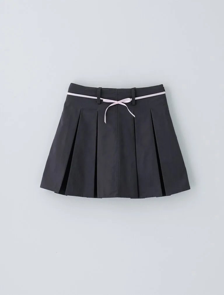 Butterfly Bow Satin Ribbon Pleated Mini Skirt grey front 2