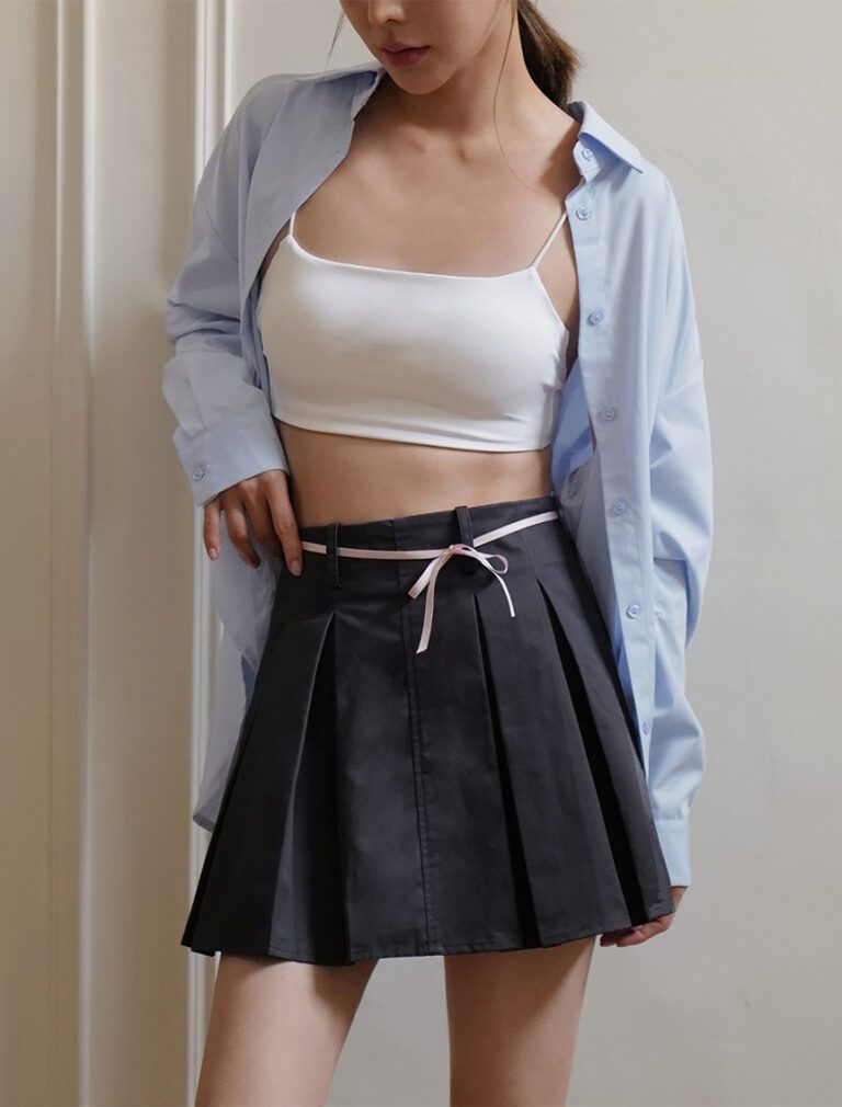 Butterfly Bow Satin Ribbon Pleated Mini Skirt grey front