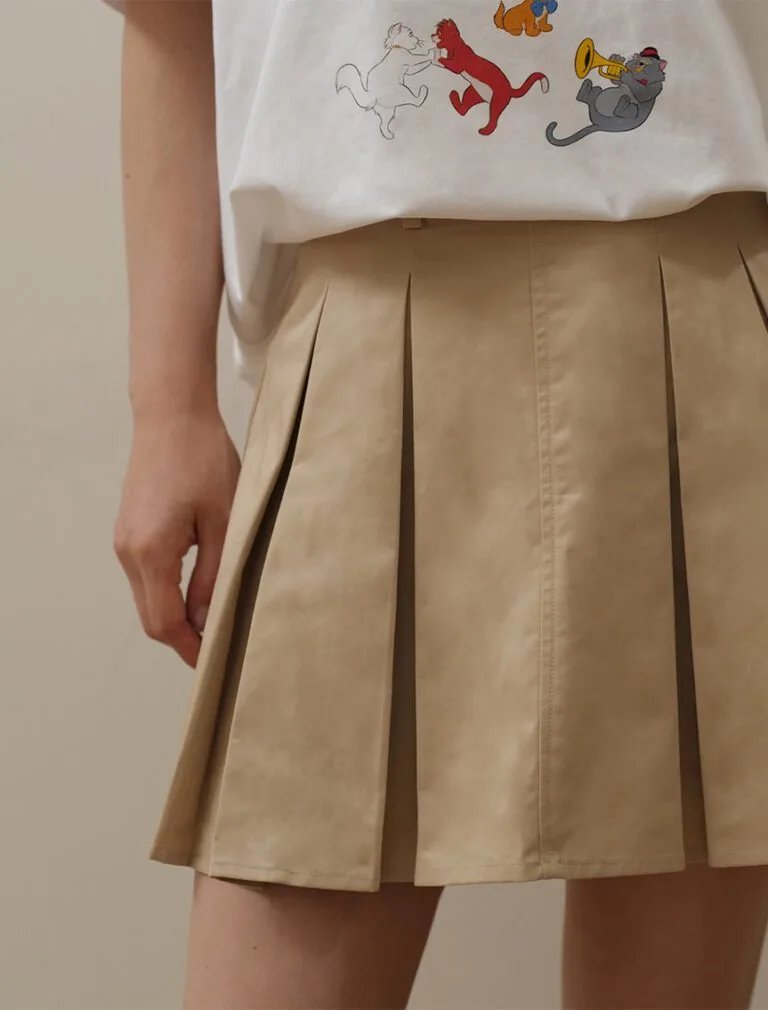 Butterfly Bow Satin Ribbon Pleated Mini Skirt kakhi front 2
