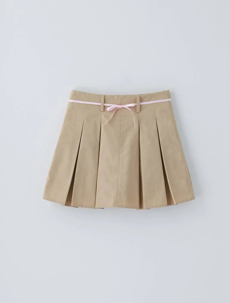Butterfly Bow Satin Ribbon Pleated Mini Skirt kakhi front