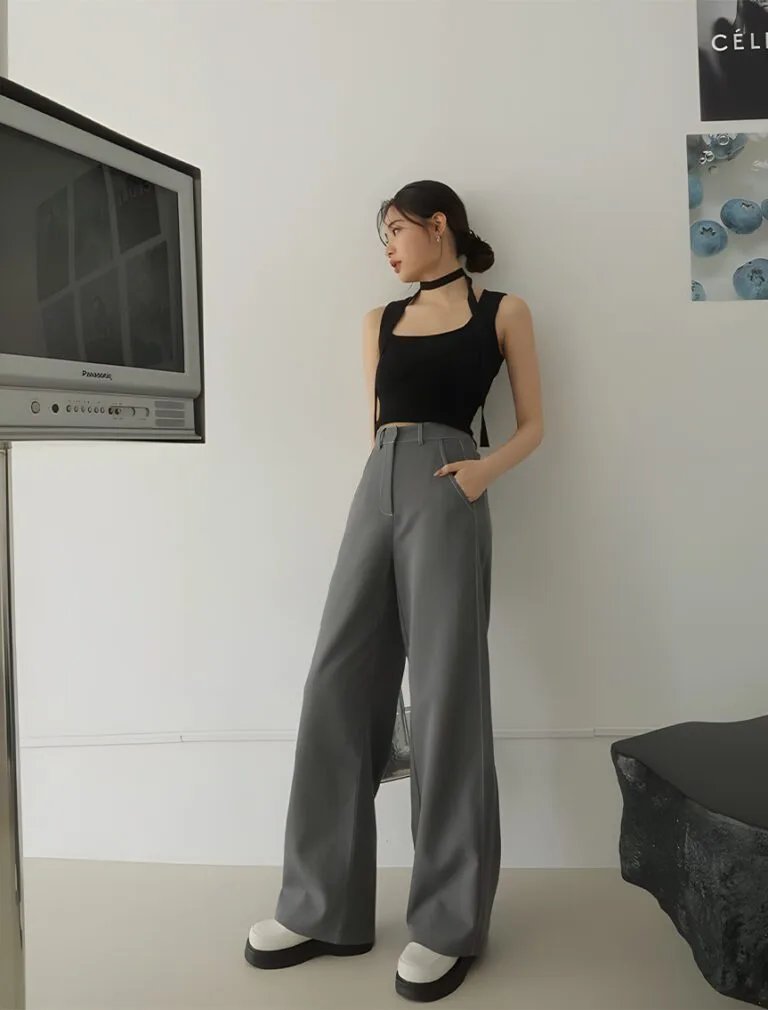Chic Concealed Placket High Waisted Pants grey front 1