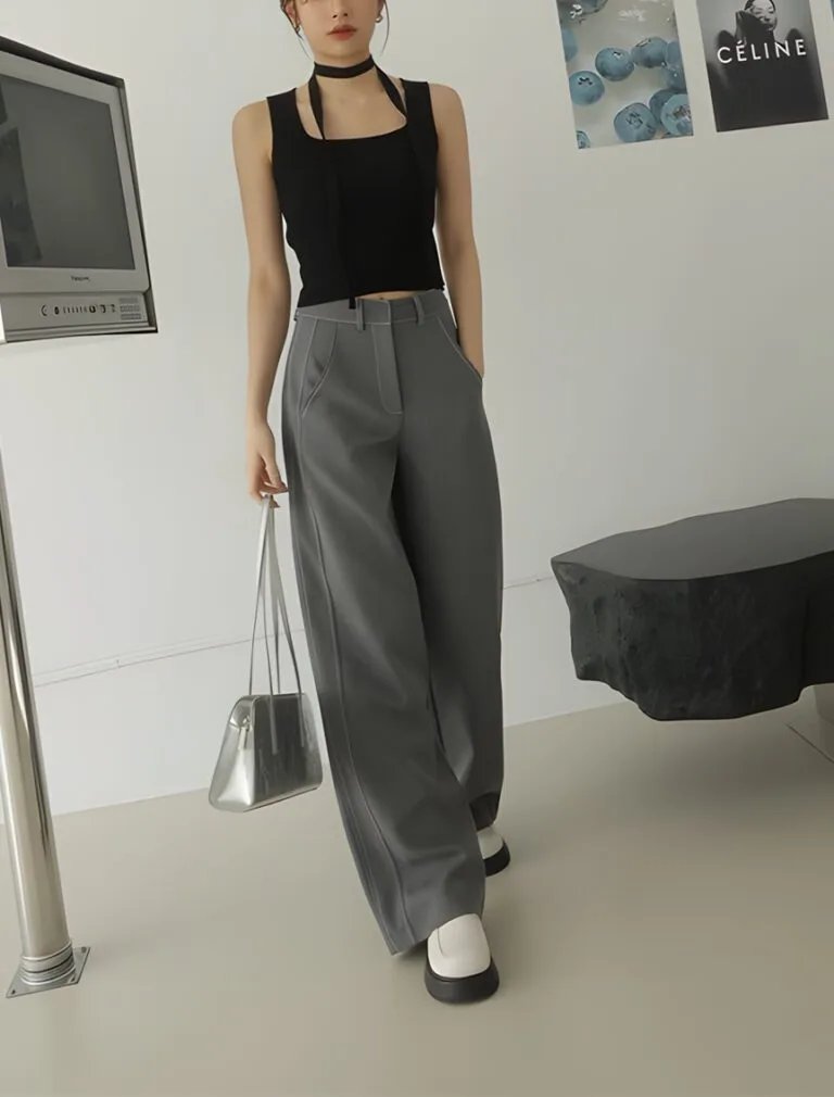 Chic Concealed Placket High Waisted Pants grey front 2
