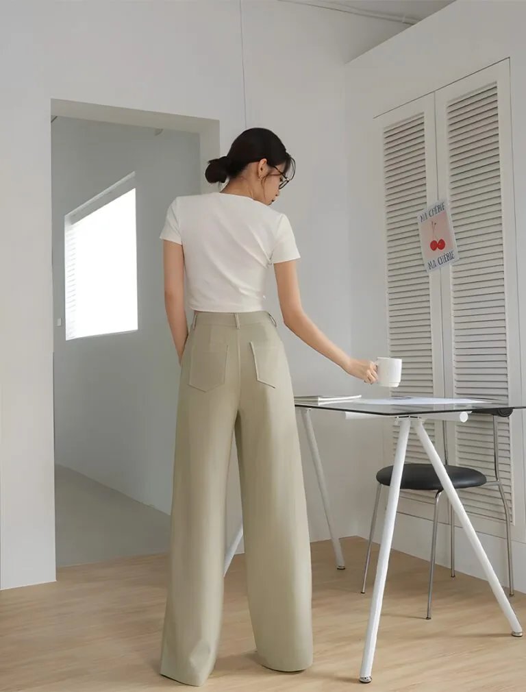 Chic Concealed Placket High Waisted Pants milk green back 1