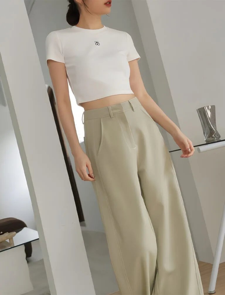 Chic Concealed Placket High Waisted Pants milk green front 1