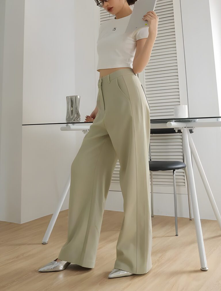 Chic Concealed Placket High Waisted Pants milk green front 2