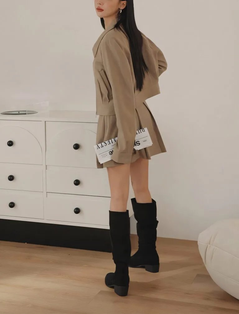 Classic Plain Pleated A Line Mini Skirt khaki back