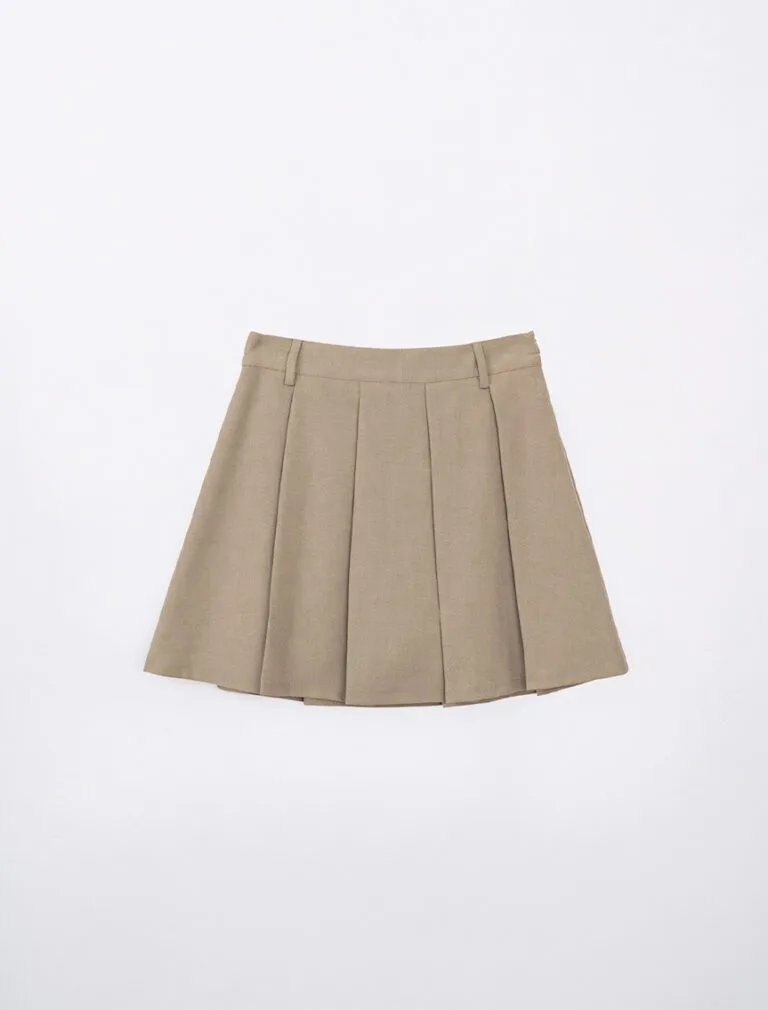 Classic Plain Pleated A Line Mini Skirt khaki front