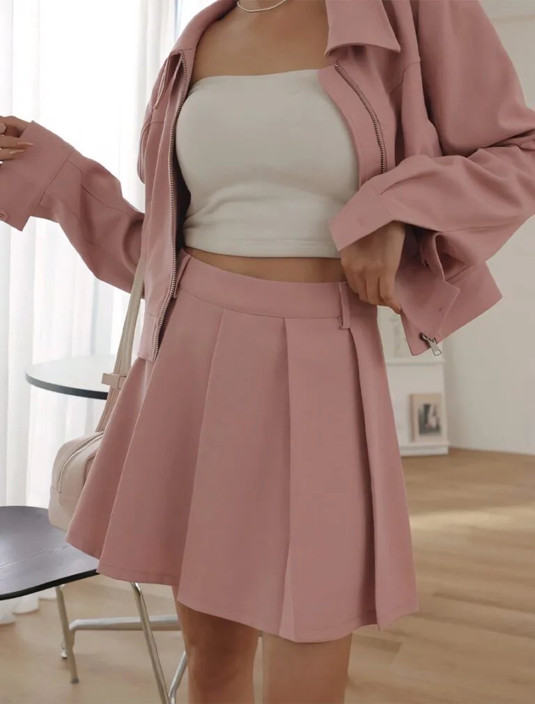 Classic Plain Pleated A Line Mini Skirt pink front 1