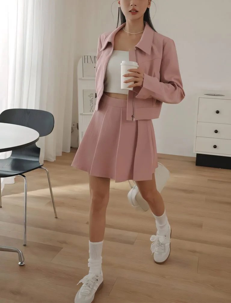 Classic Plain Pleated A Line Mini Skirt pink front 2