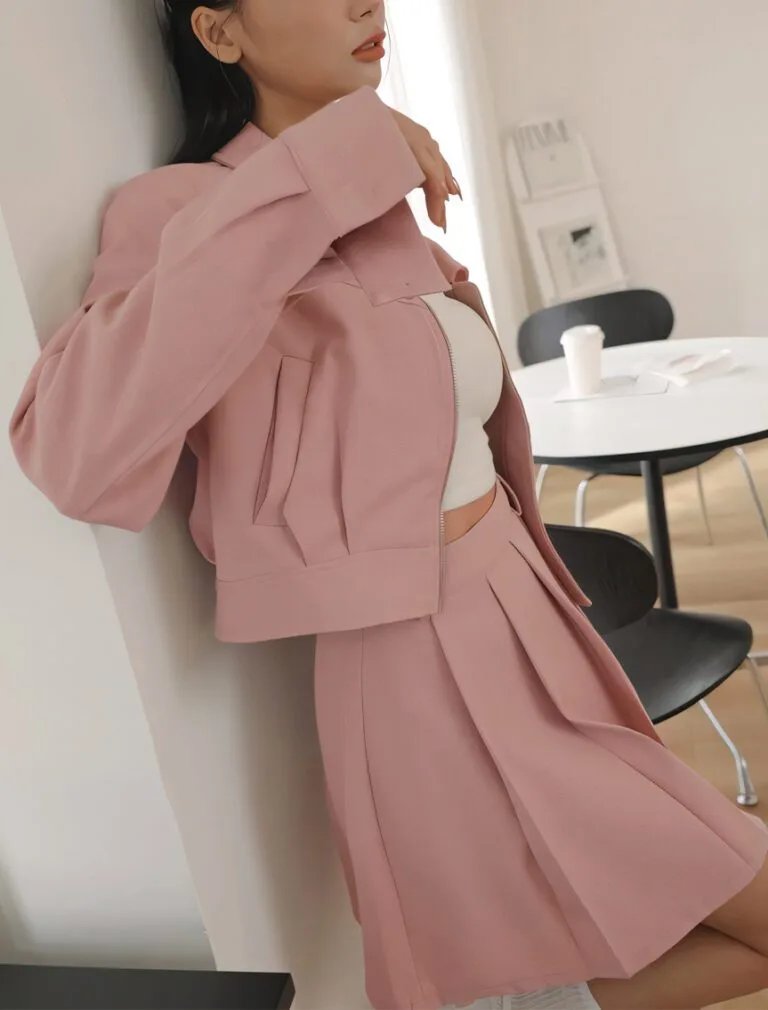 Classic Plain Pleated A Line Mini Skirt pink side