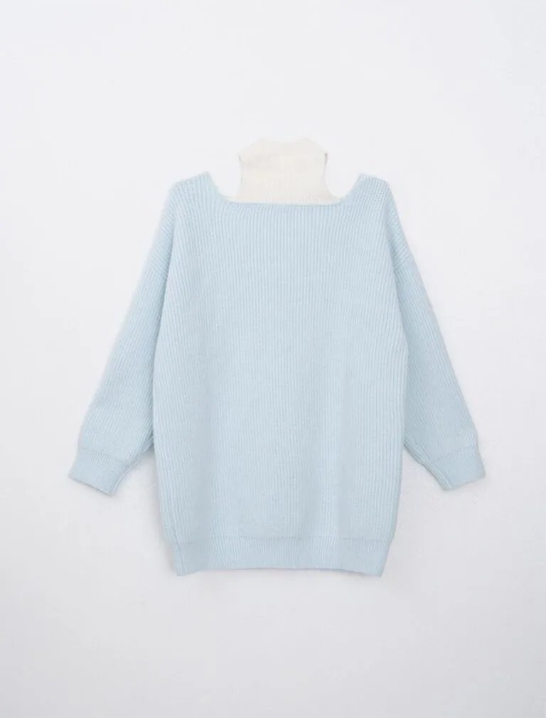 Cold Shoulder Oversized Knit Top blue back