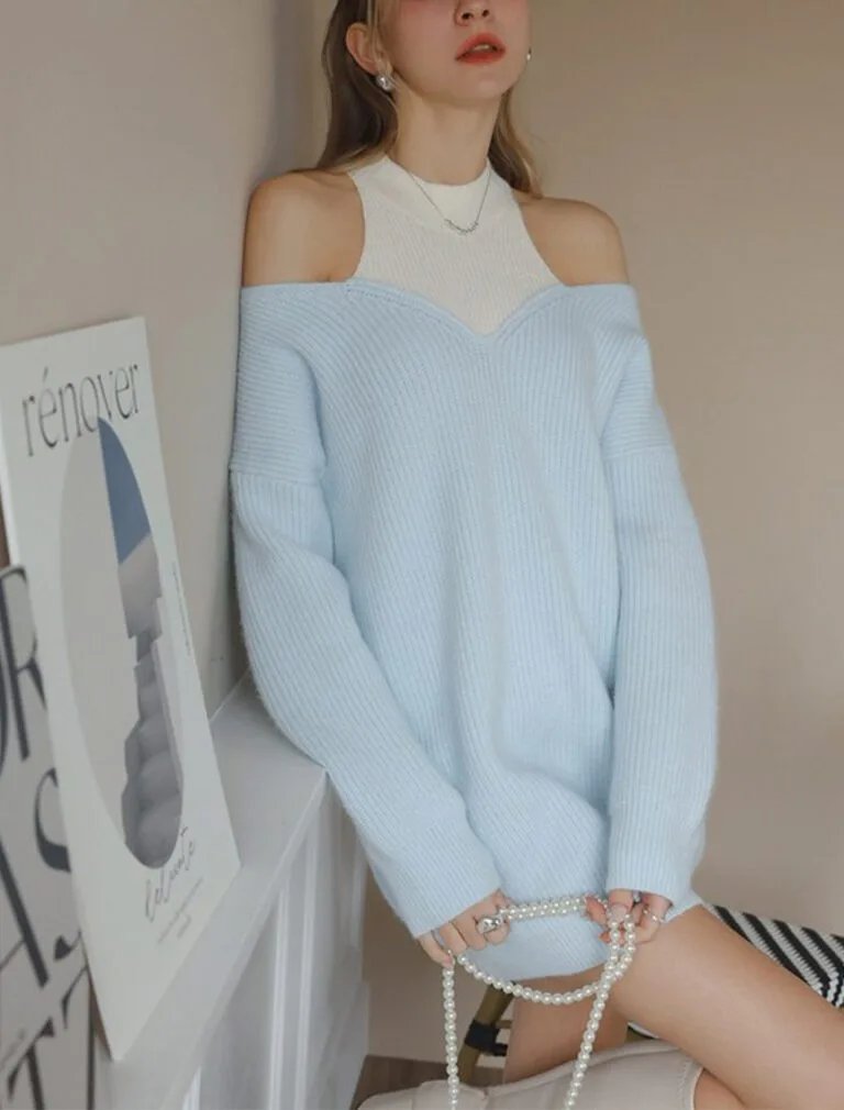 Cold Shoulder Oversized Knit Top blue front 1