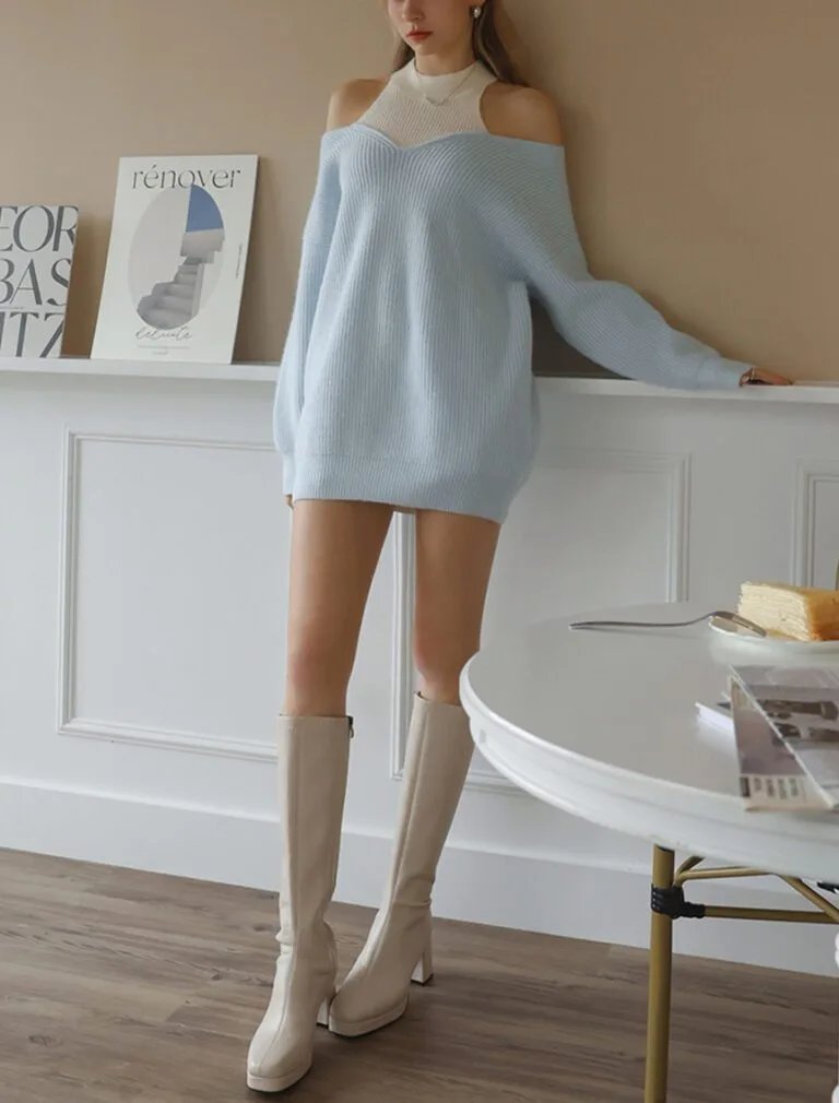 Cold Shoulder Oversized Knit Top blue front 2