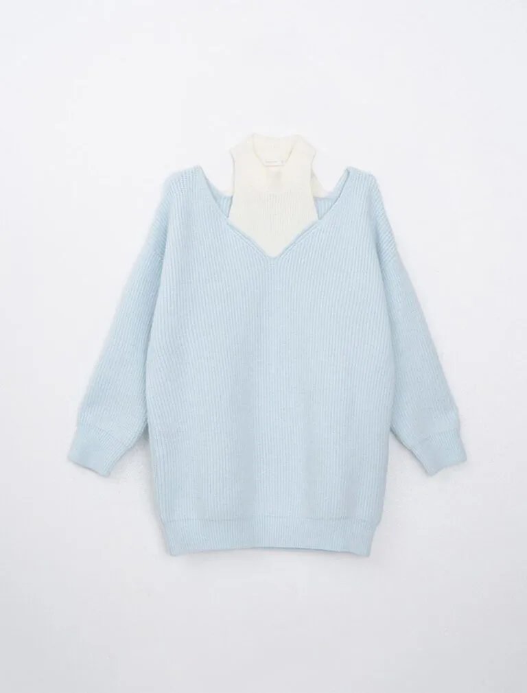 Cold Shoulder Oversized Knit Top blue front
