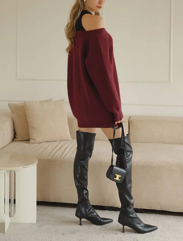 Cold Shoulder Oversized Knit Top red back 1