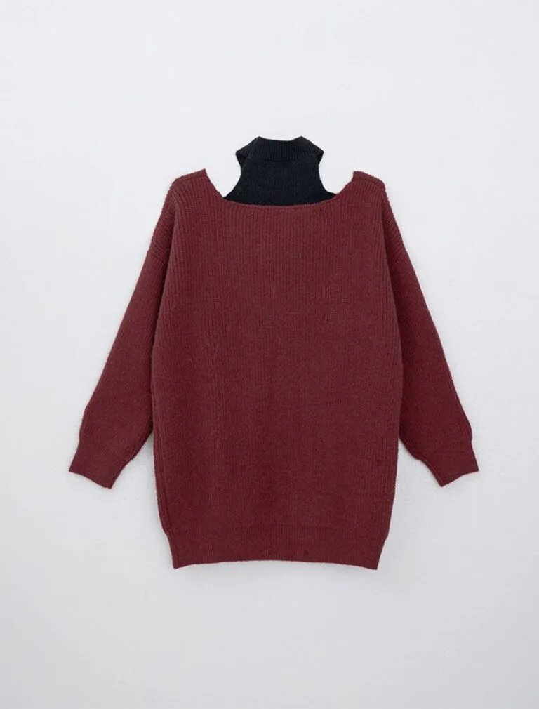 Cold Shoulder Oversized Knit Top red back