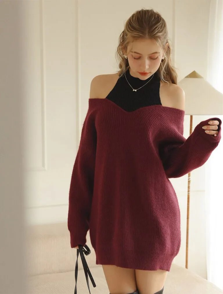 Cold Shoulder Oversized Knit Top red front 1