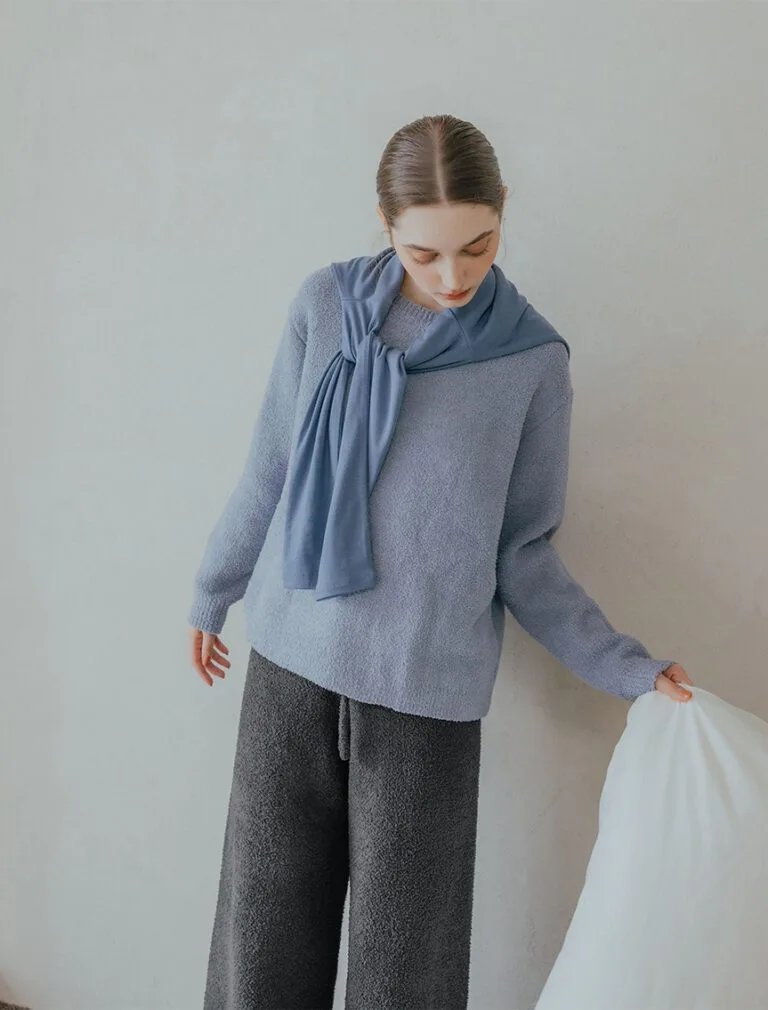 Coral Fleece Soft Knit Top grey blue front 1
