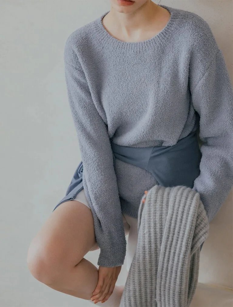 Coral Fleece Soft Knit Top grey blue front 2