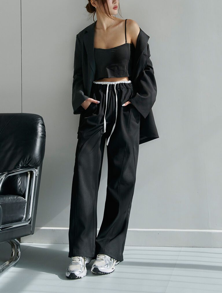 Elastic Waist Long Pants black front 1