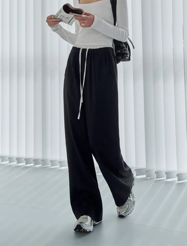 Elastic Waist Long Pants black front 2