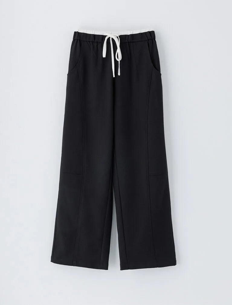 Elastic Waist Long Pants black front