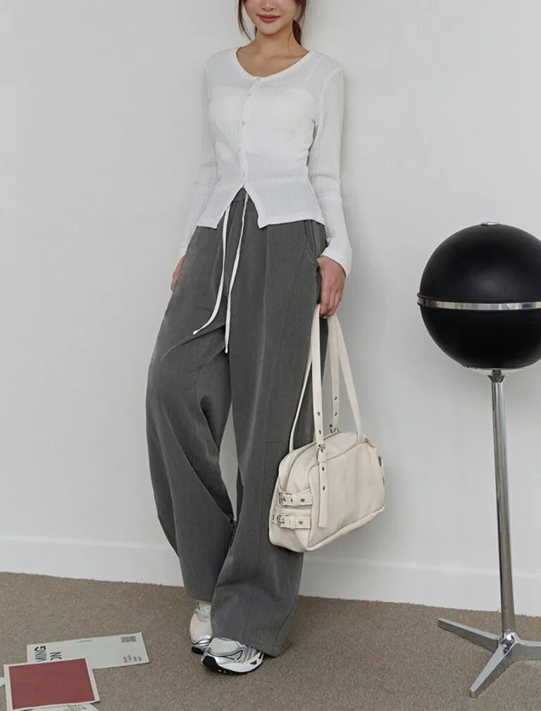 Elastic Waist Long Pants grey front 2