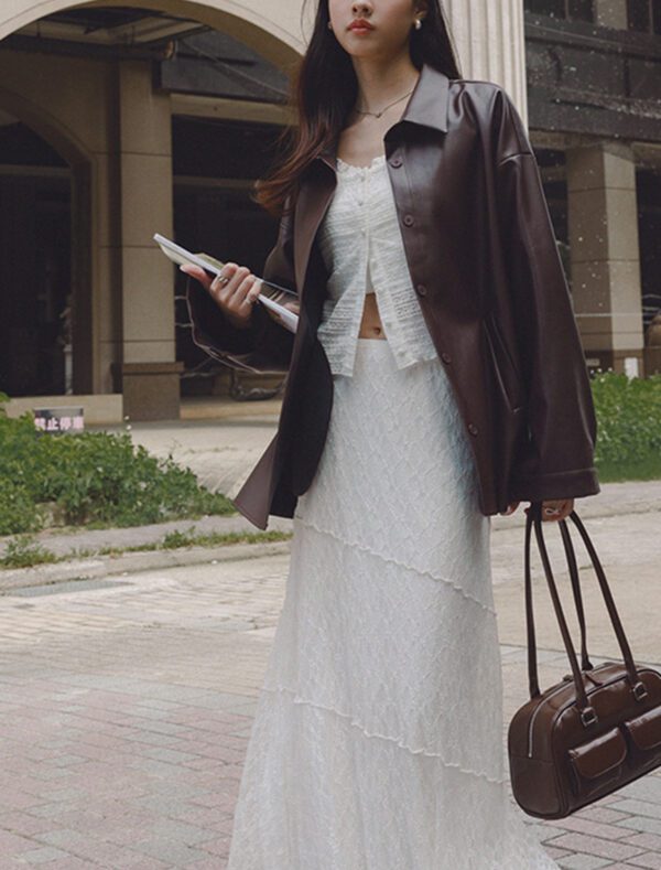 Faux Leather Oversized Jacket brown front 1