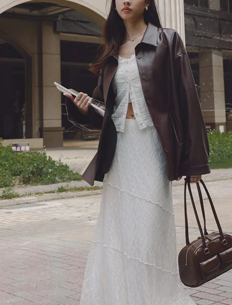 Faux Leather Oversized Jacket brown front 1