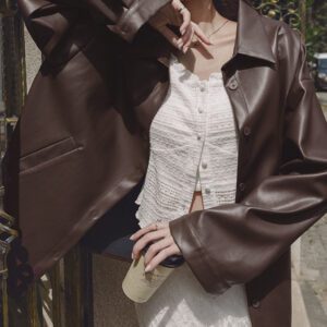 Faux Leather Oversized Jacket brown front 2