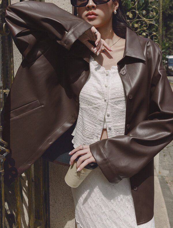 Faux Leather Oversized Jacket brown front 2