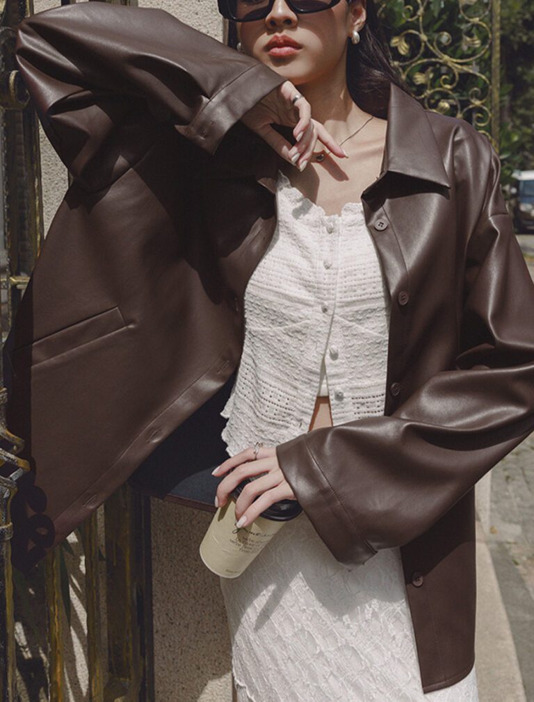 Faux Leather Oversized Jacket brown front 2