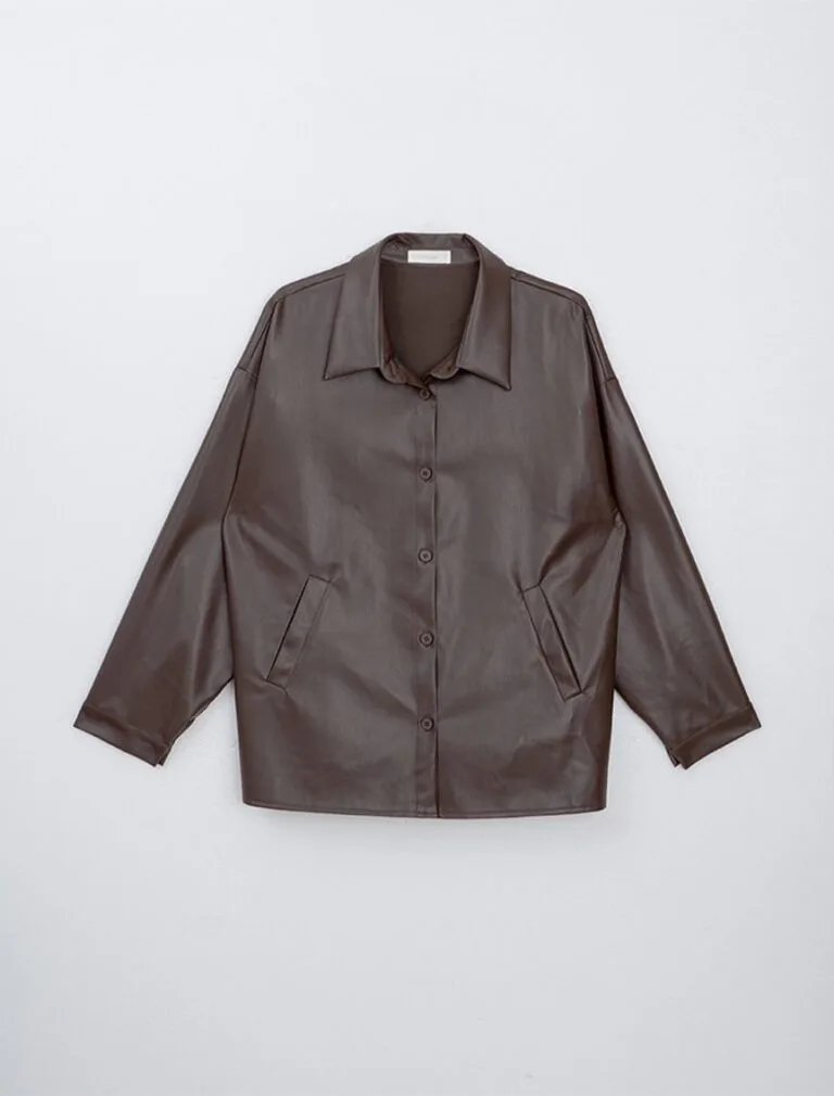Faux Leather Oversized Jacket brown front