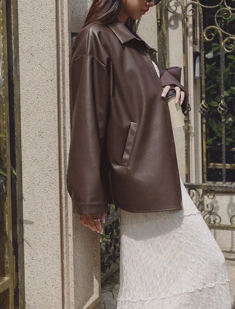 Faux Leather Oversized Jacket brown side