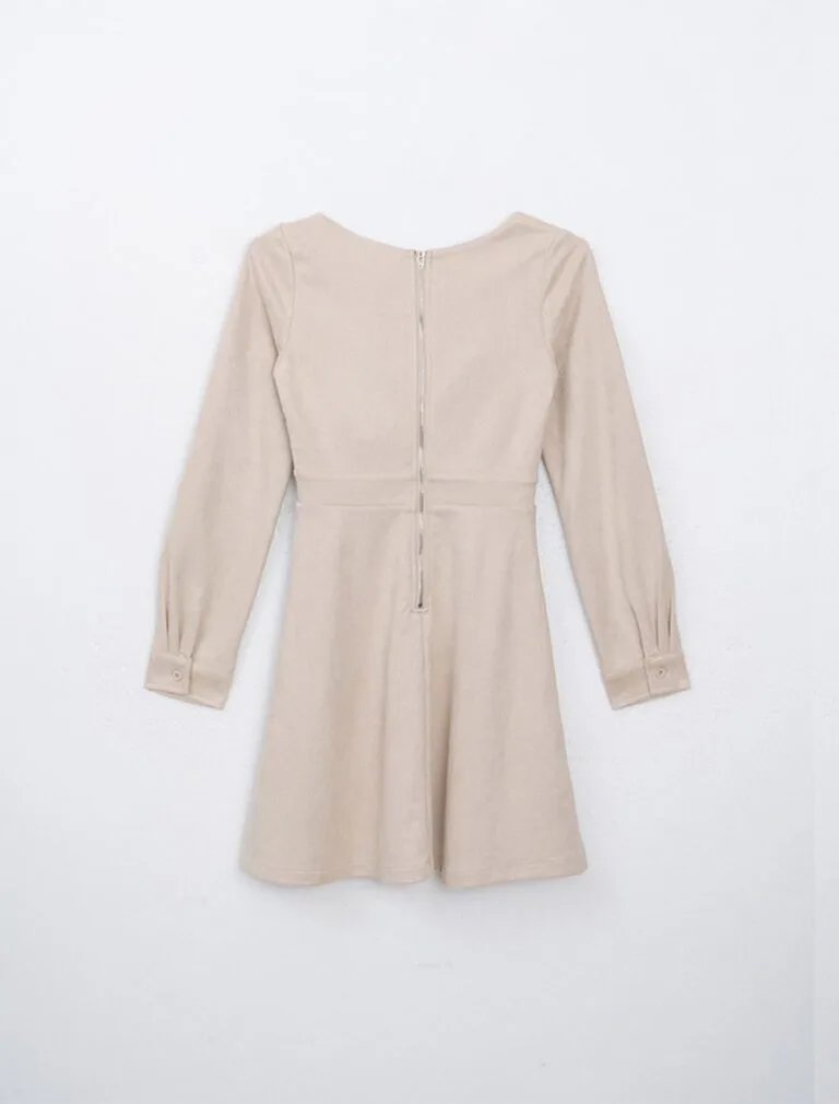 Faux Suede Long Sleeve A Line Padded Mini Dress beige back