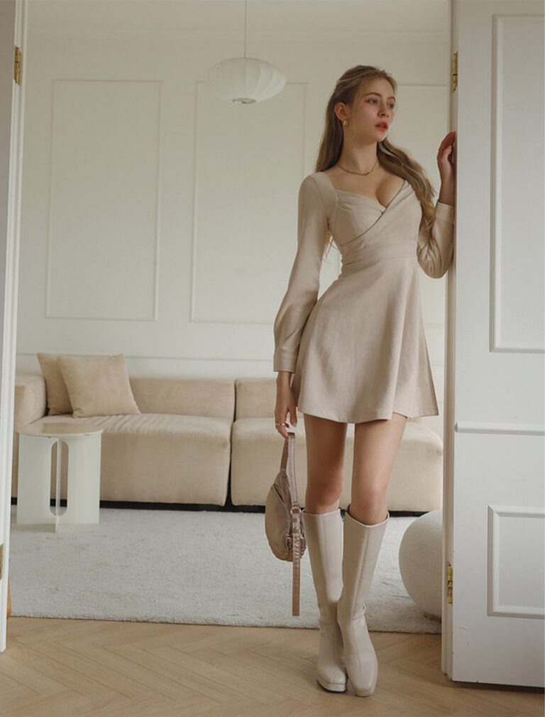 Faux Suede Long Sleeve A Line Padded Mini Dress beige front 2