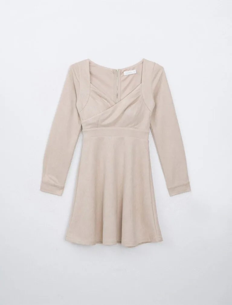 Faux Suede Long Sleeve A Line Padded Mini Dress beige front