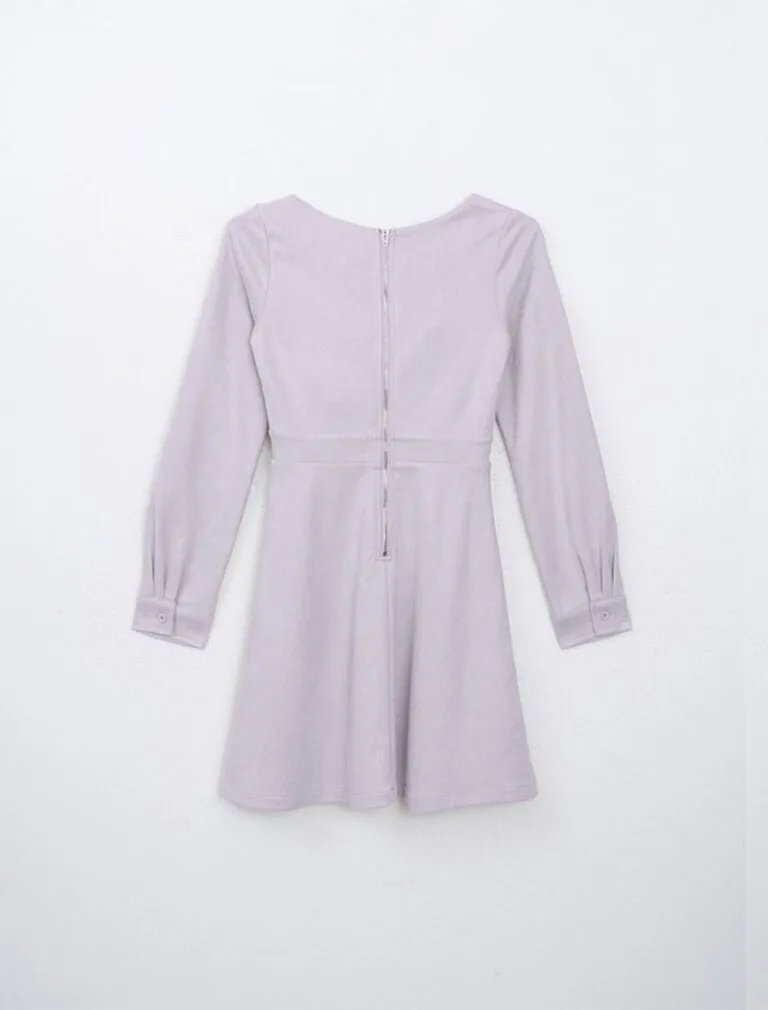 Faux Suede Long Sleeve A Line Padded Mini Dress light purple back