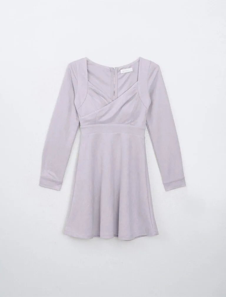 Faux Suede Long Sleeve A Line Padded Mini Dress light purple front