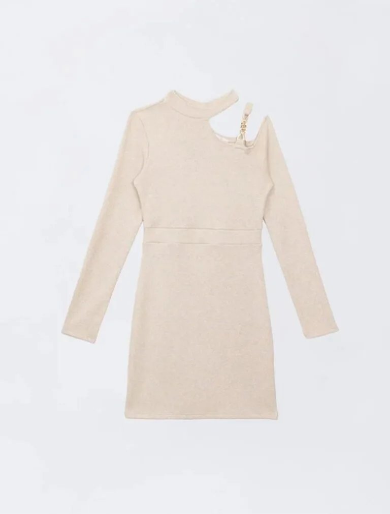 Gold Chain One Shoulder Bodycon Mini Dress beige front