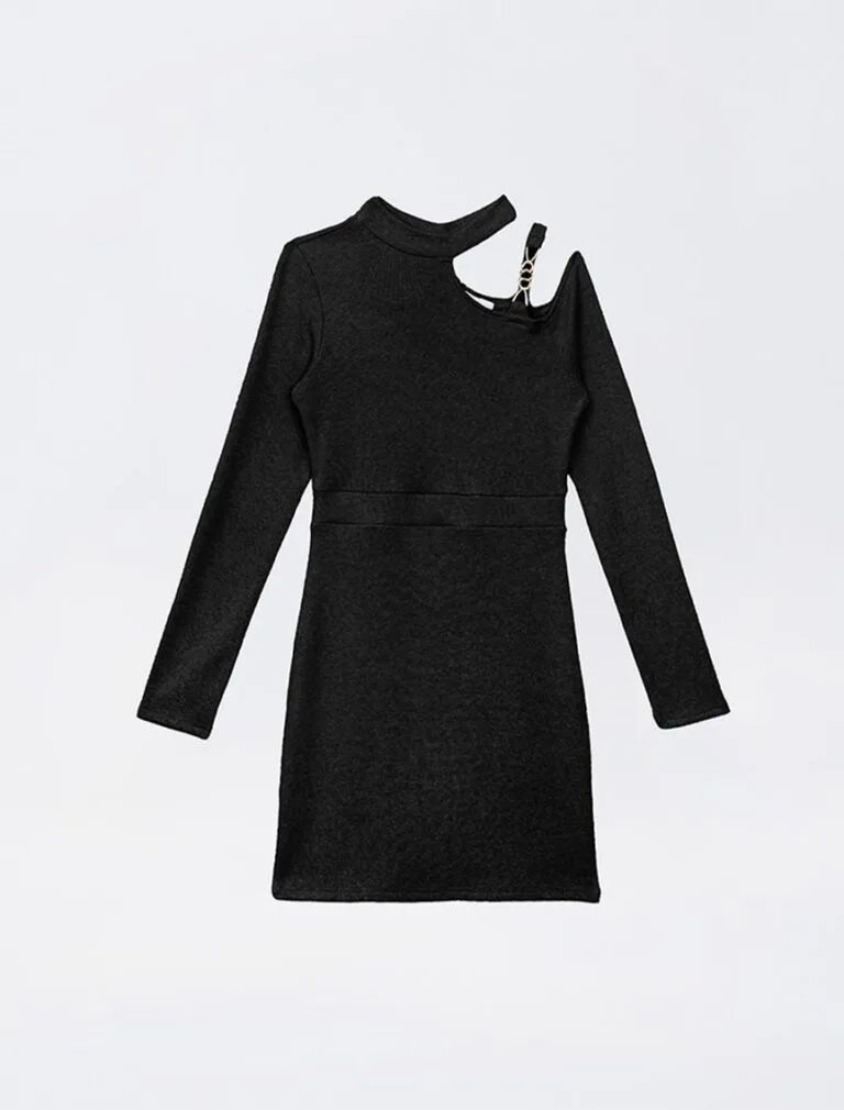 Gold Chain One Shoulder Bodycon Mini Dress black front