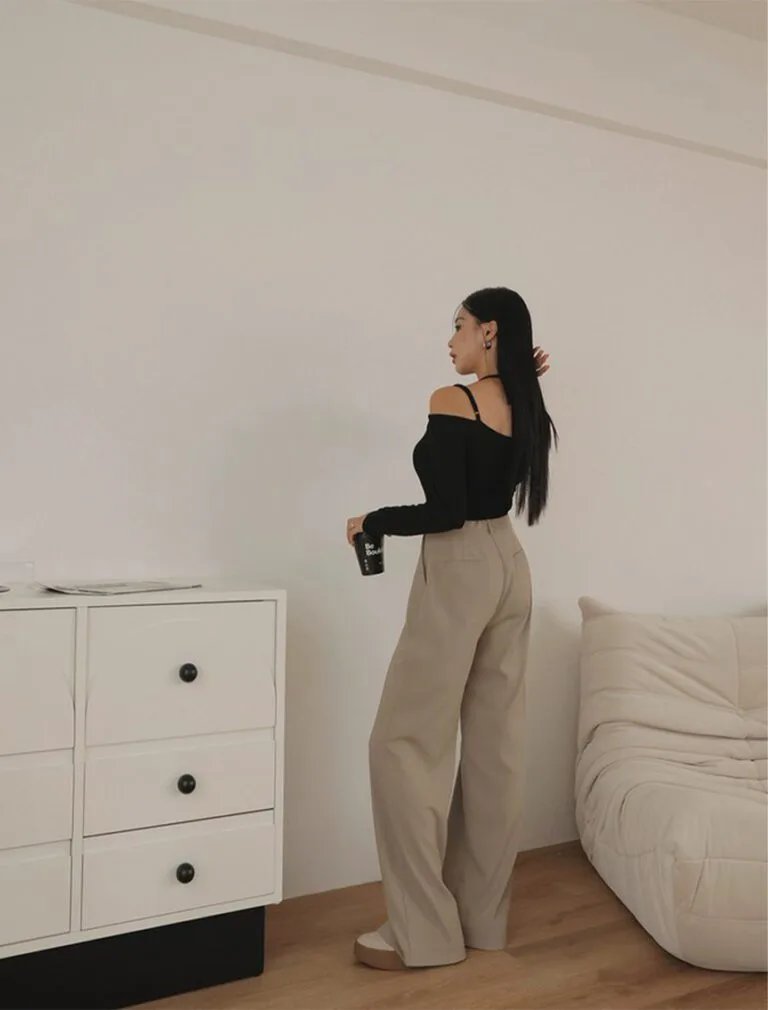 Hidden Placket Lightweight Drawstring High Waisted Pants khaki back 1