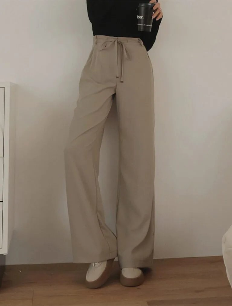 Hidden Placket Lightweight Drawstring High Waisted Pants khaki front 1
