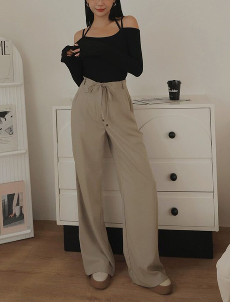 Hidden Placket Lightweight Drawstring High Waisted Pants khaki front 2
