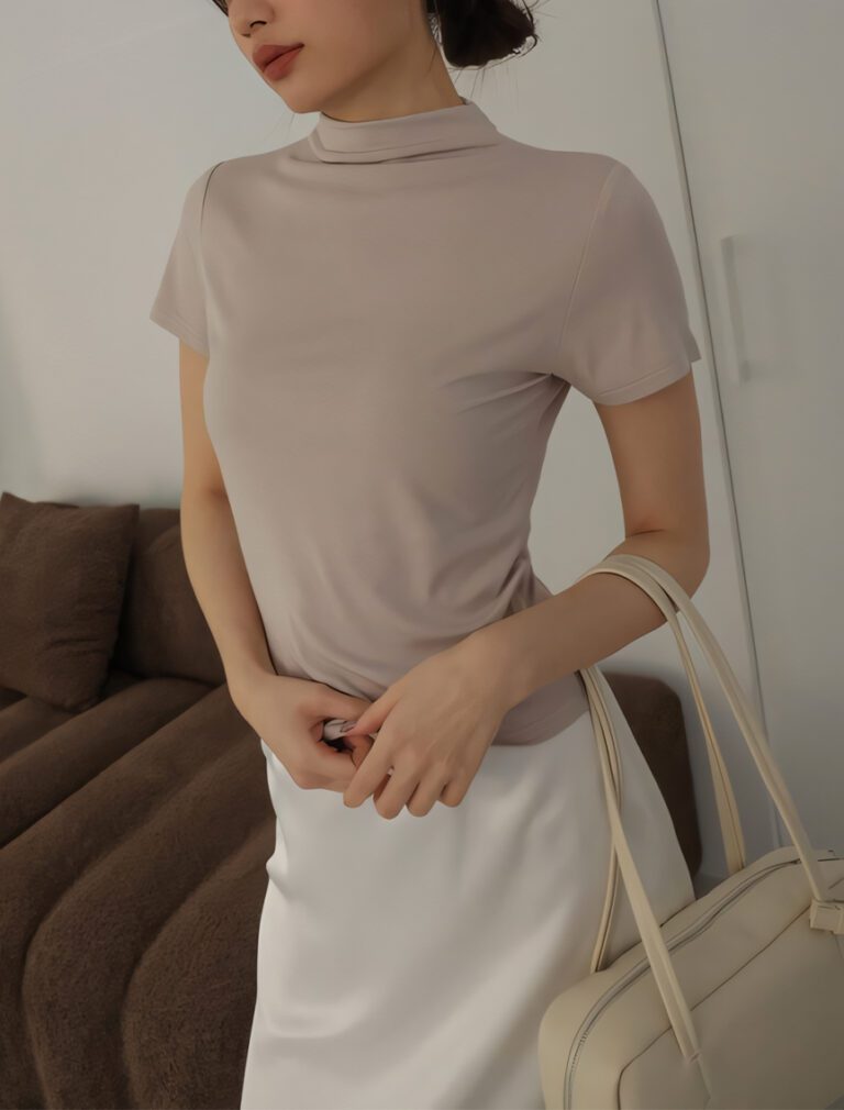 High Neck Smooth Short Sleeve Top Demure front 1