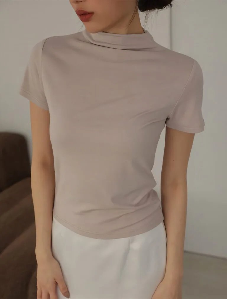 High Neck Smooth Short Sleeve Top Demure front 2