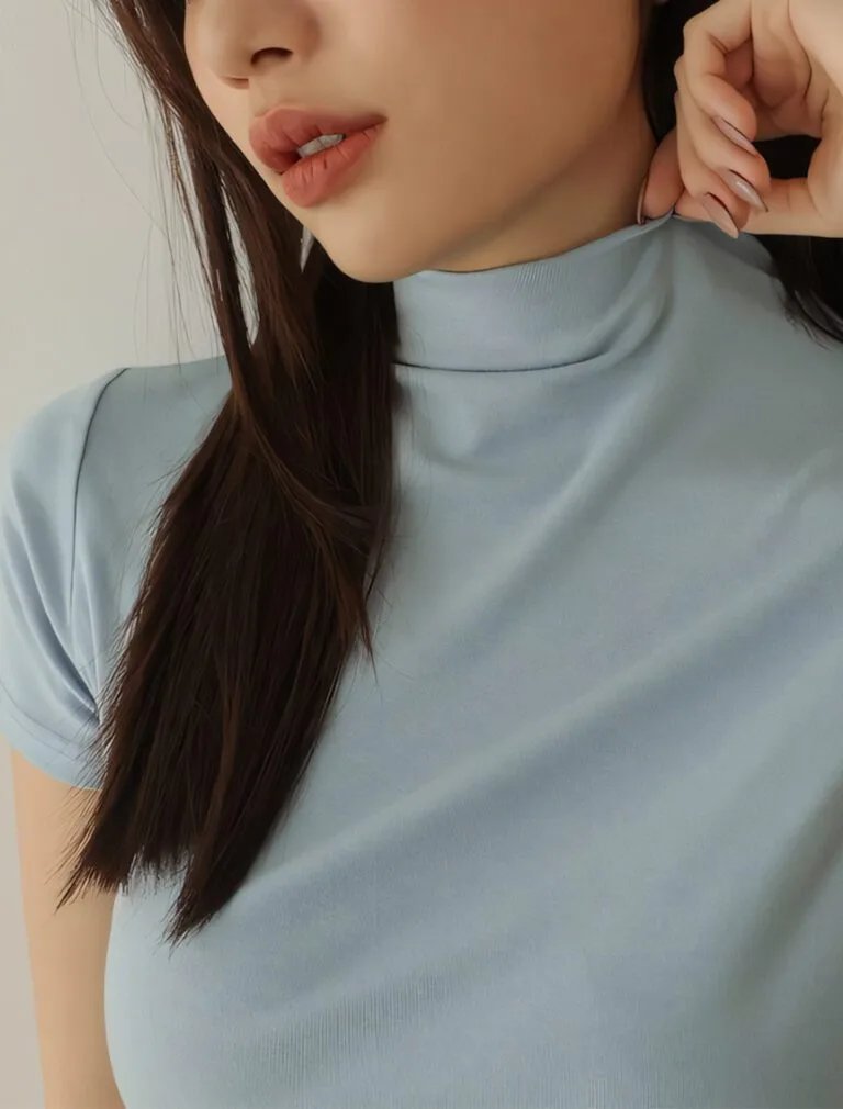 High Neck Smooth Short Sleeve Top blue front 1