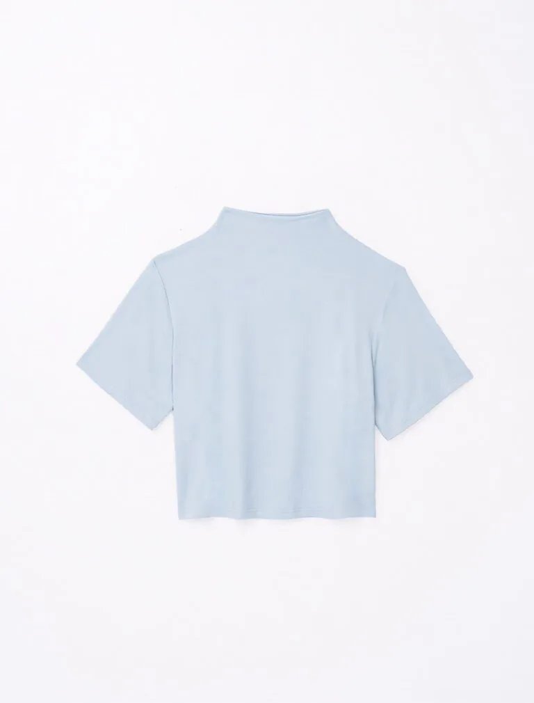 High Neck Smooth Short Sleeve Top blue front